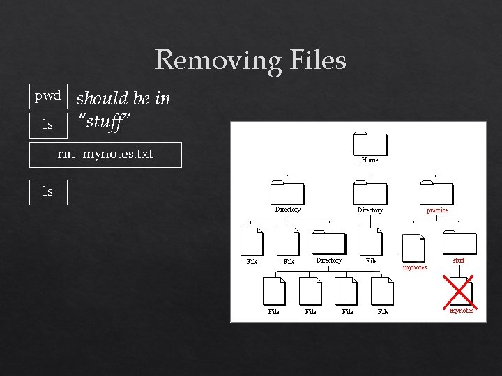 Removing Files pwd ls should be in “stuff” rm mynotes. txt ls 