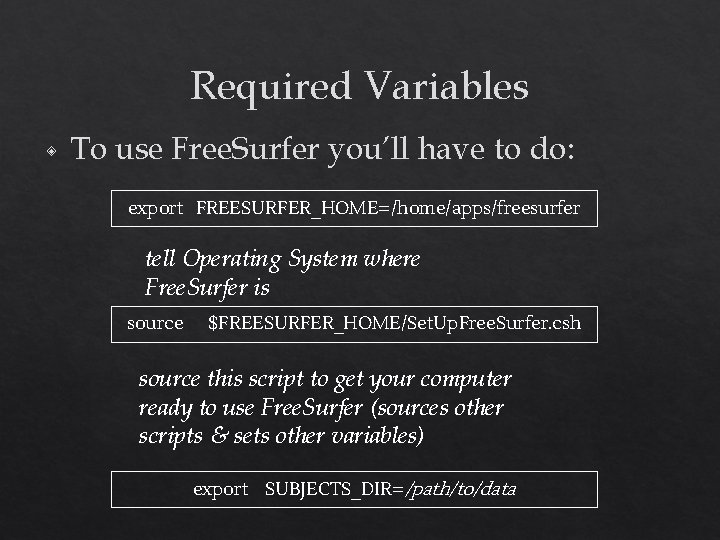 Required Variables ◈ To use Free. Surfer you’ll have to do: export FREESURFER_HOME=/home/apps/freesurfer tell