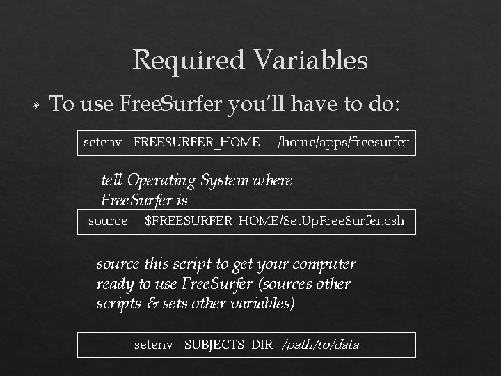 Required Variables ◈ To use Free. Surfer you’ll have to do: setenv FREESURFER_HOME /home/apps/freesurfer