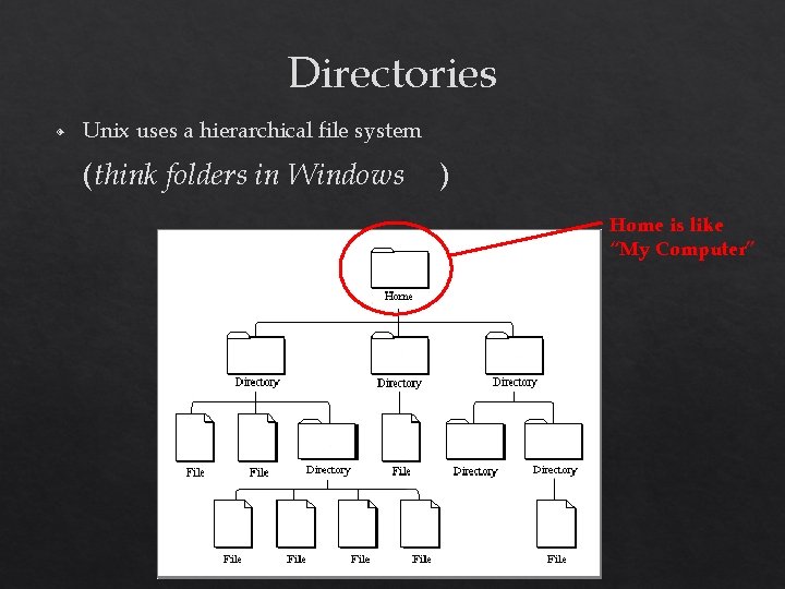 Directories ◈ Unix uses a hierarchical file system (think folders in Windows ) Home