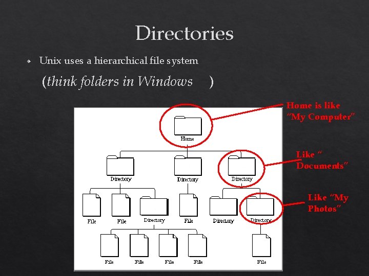 Directories ◈ Unix uses a hierarchical file system (think folders in Windows ) Home