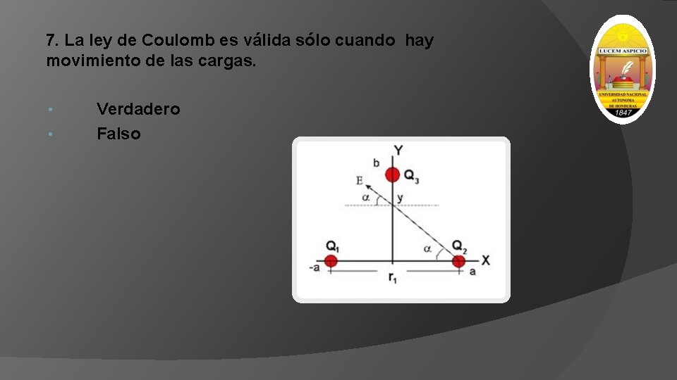 7. La ley de Coulomb es válida sólo cuando hay movimiento de las cargas.