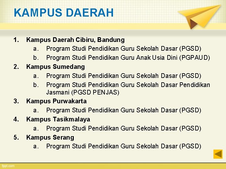 KAMPUS DAERAH 1. 2. 3. 4. 5. Kampus Daerah Cibiru, Bandung a. Program Studi
