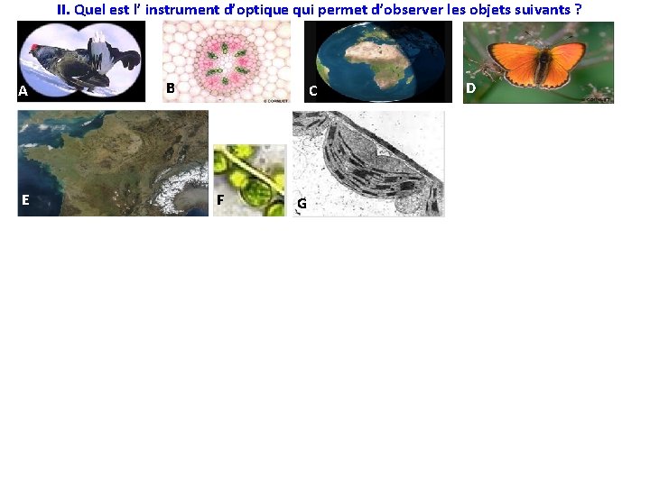 II. Quel est l’ instrument d’optique qui permet d’observer les objets suivants ? A