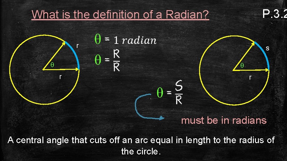 P. 3. 2 What is the definition of a Radian? r θ s θ