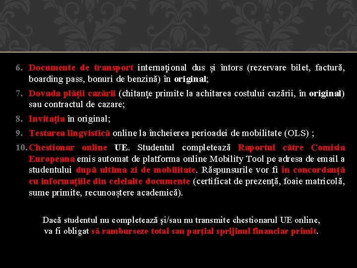 6. Documente de transport internațional dus și întors (rezervare bilet, factură, boarding pass, bonuri