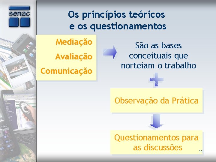 Os princípios teóricos e os questionamentos Mediação Avaliação Comunicação São as bases conceituais que