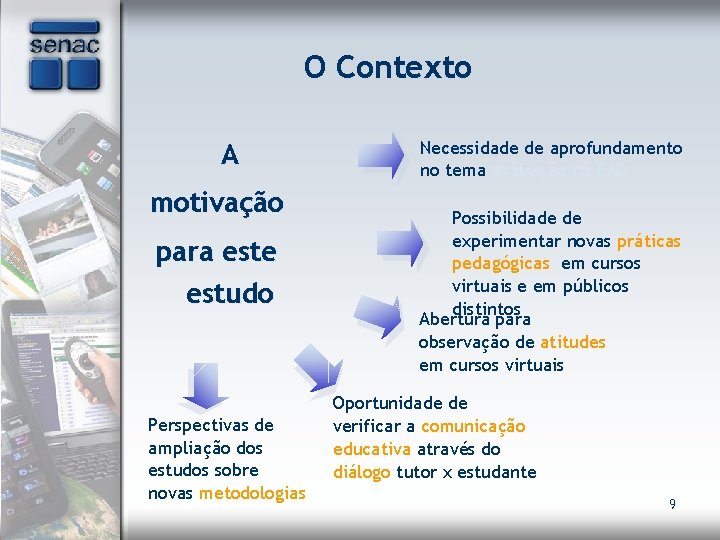 O Contexto A motivação para este estudo Perspectivas de ampliação dos estudos sobre novas