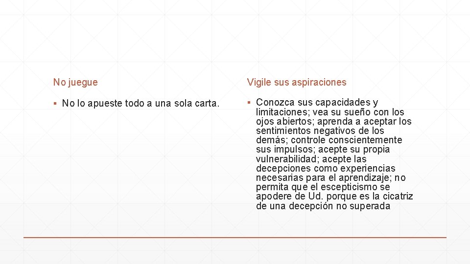 No juegue Vigile sus aspiraciones ▪ No lo apueste todo a una sola carta.