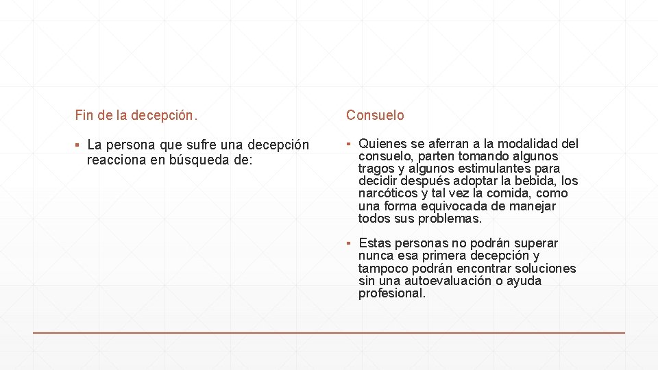 Fin de la decepción. Consuelo ▪ La persona que sufre una decepción reacciona en