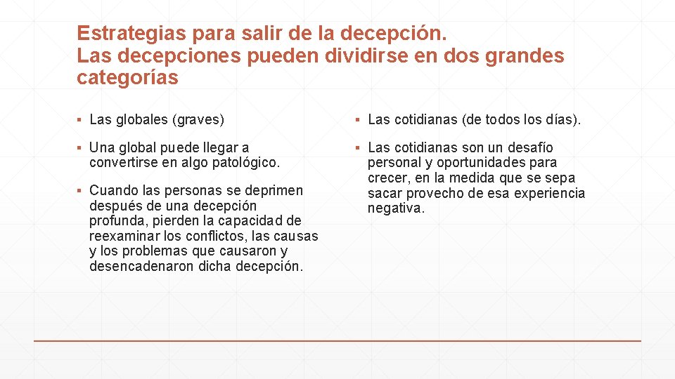 Estrategias para salir de la decepción. Las decepciones pueden dividirse en dos grandes categorías