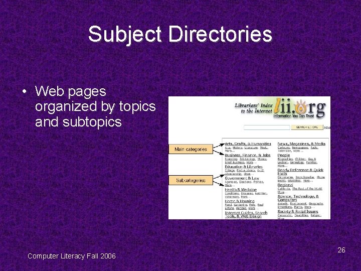 Subject Directories • Web pages organized by topics and subtopics Computer Literacy Fall 2006