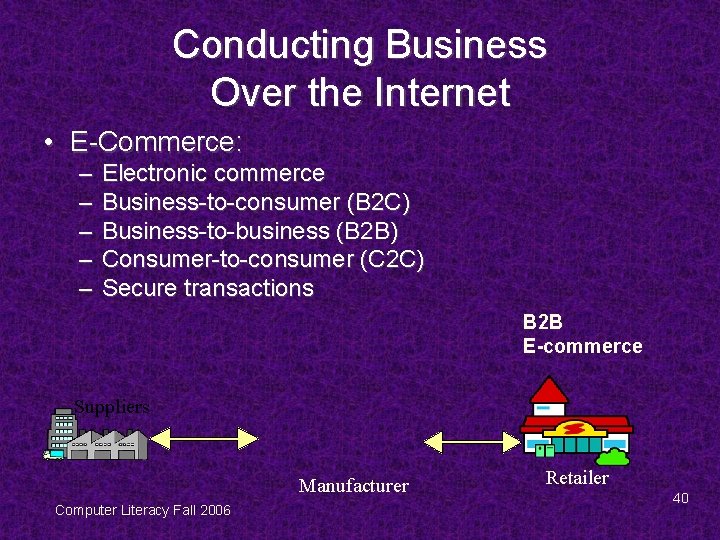 Conducting Business Over the Internet • E-Commerce: – – – Electronic commerce Business-to-consumer (B