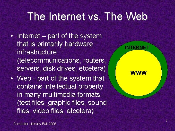 The Internet vs. The Web • Internet – part of the system that is