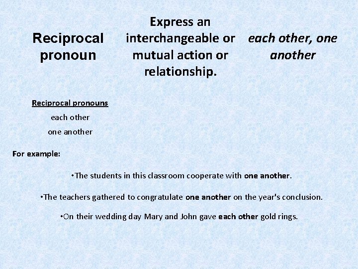 Reciprocal pronoun Express an interchangeable or each other, one mutual action or another relationship.