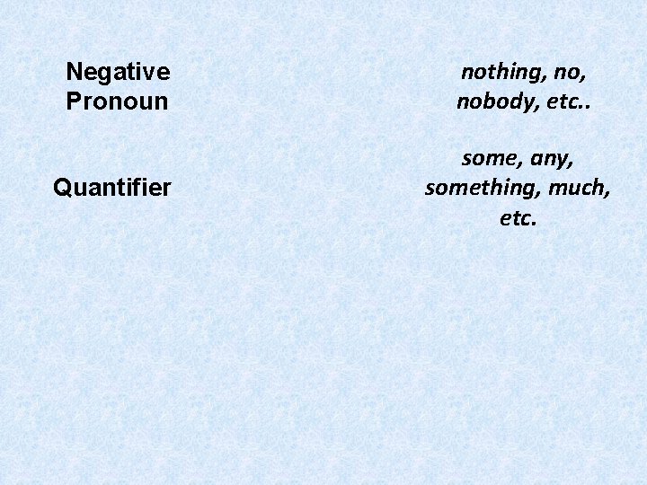 Negative Pronoun nothing, nobody, etc. . Quantifier some, any, something, much, etc. 