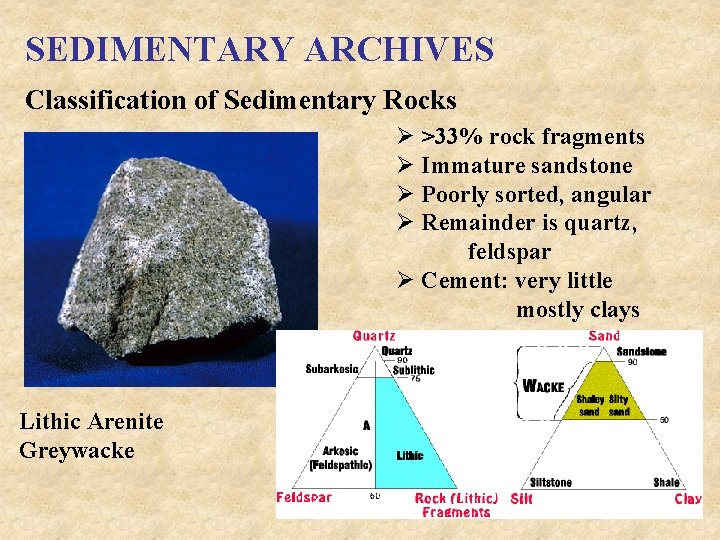 SEDIMENTARY ARCHIVES Classification of Sedimentary Rocks Ø >33% rock fragments Ø Immature sandstone Ø