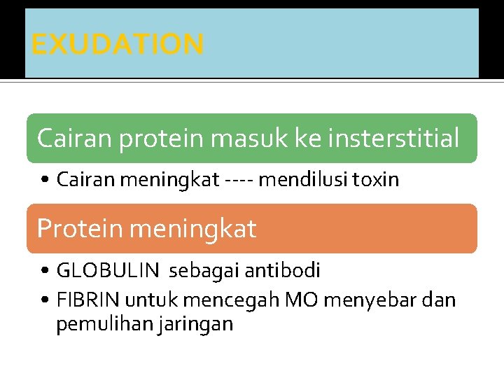 EXUDATION Cairan protein masuk ke insterstitial • Cairan meningkat ---- mendilusi toxin Protein meningkat