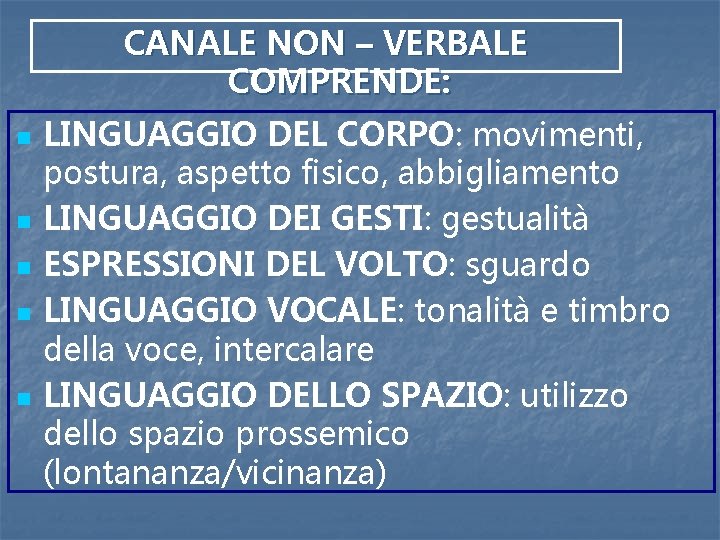 CANALE NON – VERBALE COMPRENDE: n n n LINGUAGGIO DEL CORPO: movimenti, postura, aspetto