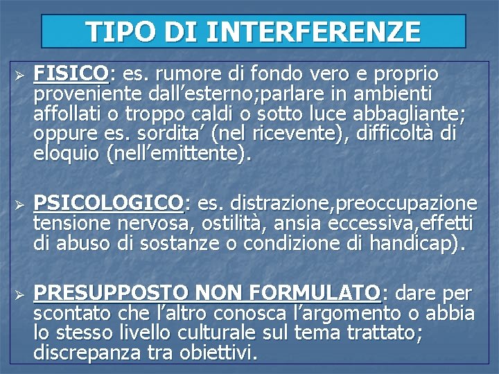 TIPO DI INTERFERENZE Ø Ø Ø FISICO: es. rumore di fondo vero e proprio