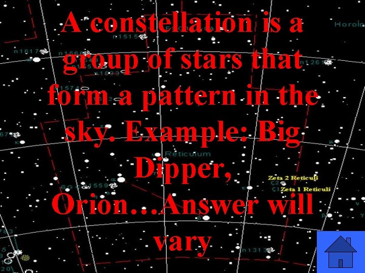 A constellation is a group of stars that form a pattern in the sky.