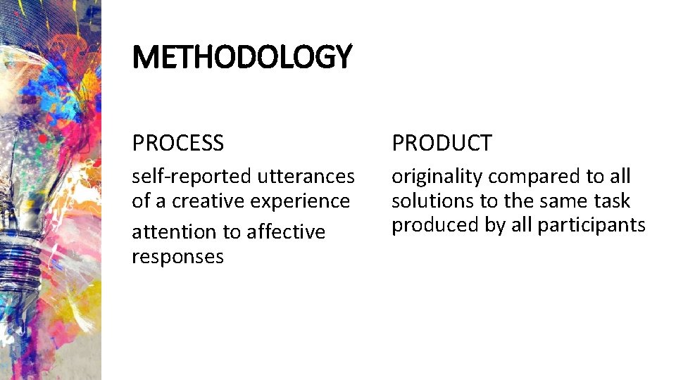 METHODOLOGY PROCESS PRODUCT self-reported utterances of a creative experience attention to affective responses originality