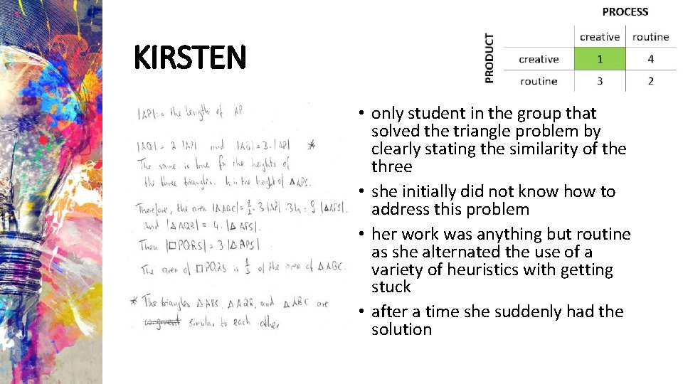 KIRSTEN • only student in the group that solved the triangle problem by clearly