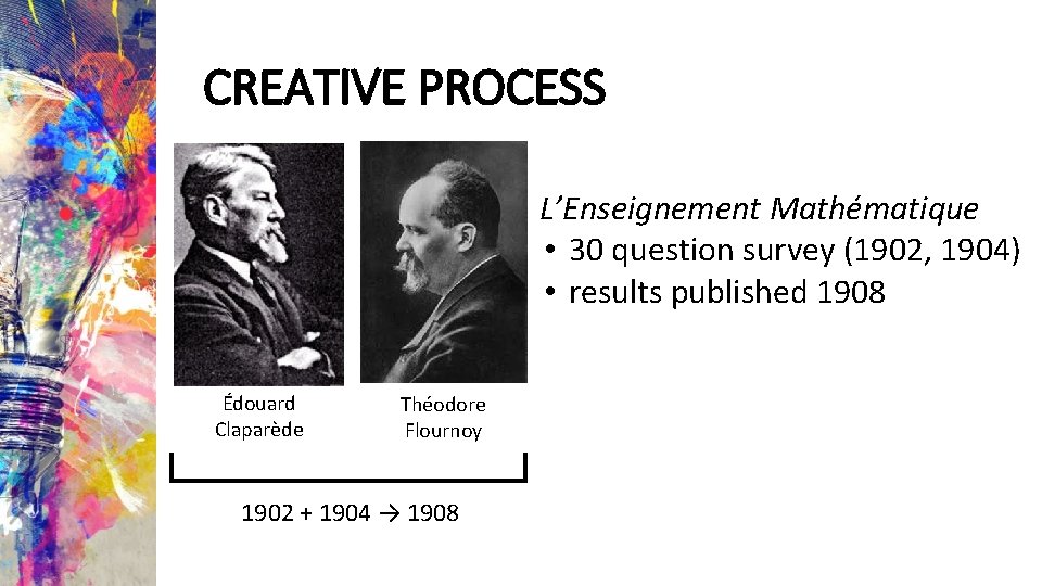 CREATIVE PROCESS L’Enseignement Mathématique • 30 question survey (1902, 1904) • results published 1908