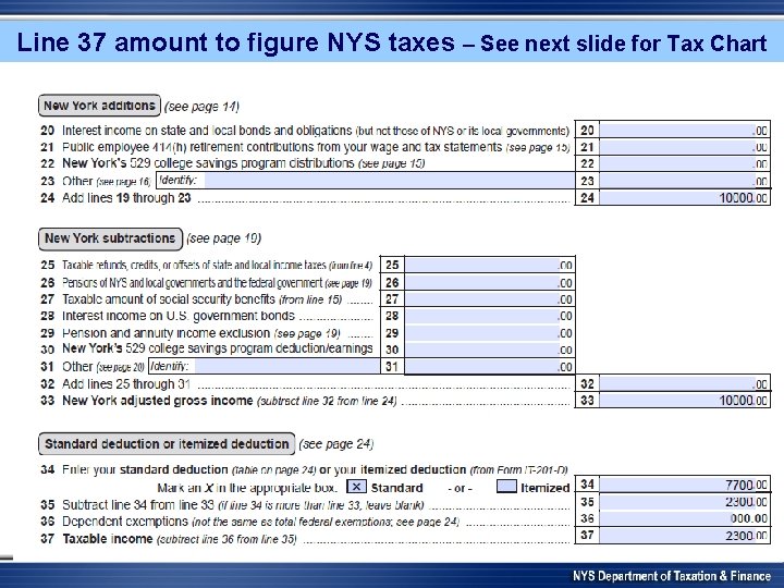 Line 37 amount to figure NYS taxes – See next slide for Tax Chart