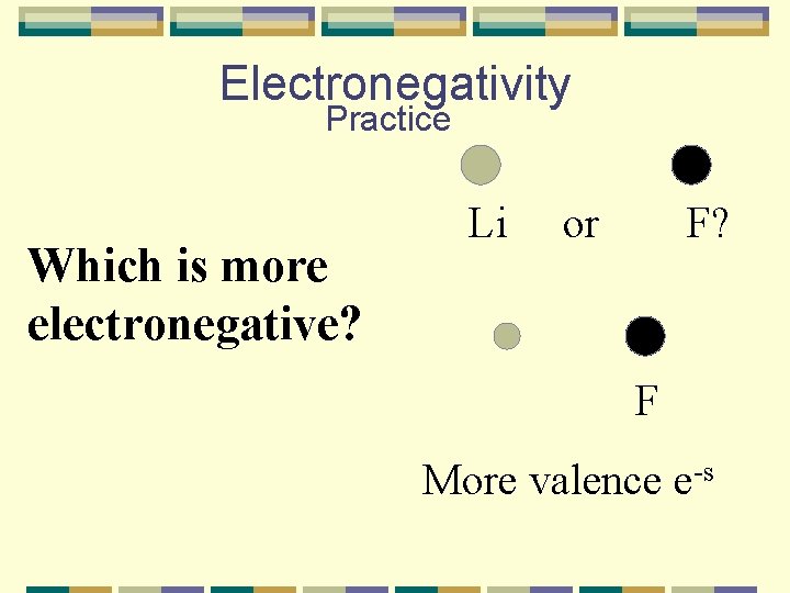 Electronegativity Practice Which is more electronegative? Li or F? F More valence e-s 