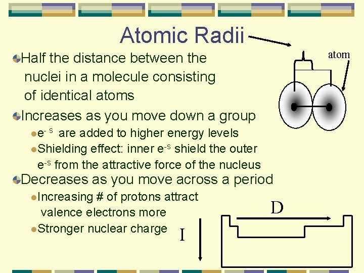 Atomic Radii atom Half the distance between the nuclei in a molecule consisting of