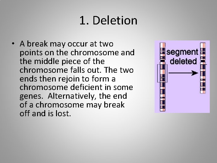 1. Deletion • A break may occur at two points on the chromosome and