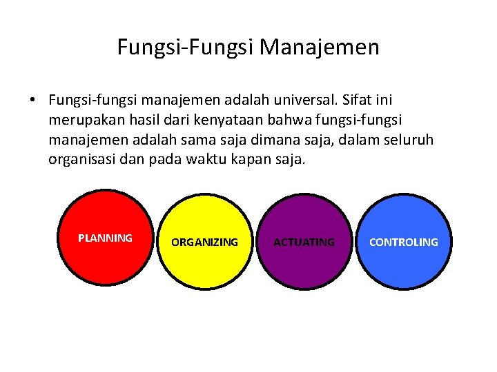 Fungsi-Fungsi Manajemen • Fungsi-fungsi manajemen adalah universal. Sifat ini merupakan hasil dari kenyataan bahwa