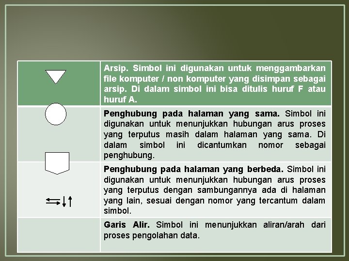 Arsip. Simbol ini digunakan untuk menggambarkan file komputer / non komputer yang disimpan sebagai