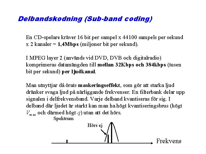 Delbandskodning (Sub-band coding) En CD-spelare kräver 16 bit per sampel x 44100 sampels per