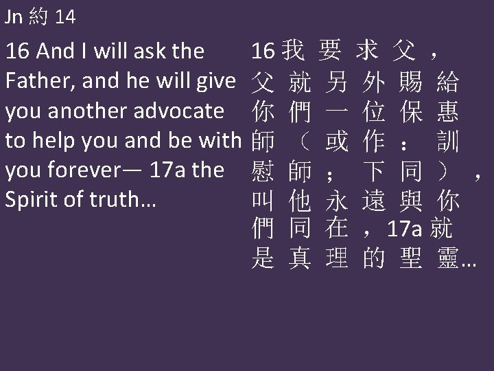 Jn 約 14 16 And I will ask the Father, and he will give