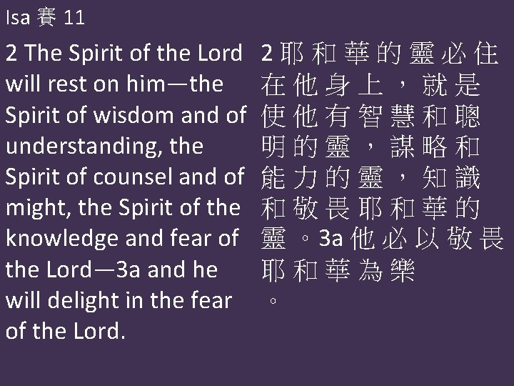 Isa 賽 11 2 The Spirit of the Lord will rest on him—the Spirit