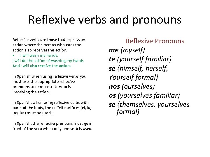 Reflexive verbs and pronouns Reflexive verbs are those that express an action where the