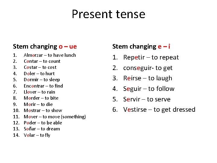 Present tense Stem changing o – ue Stem changing e – i 1. 2.