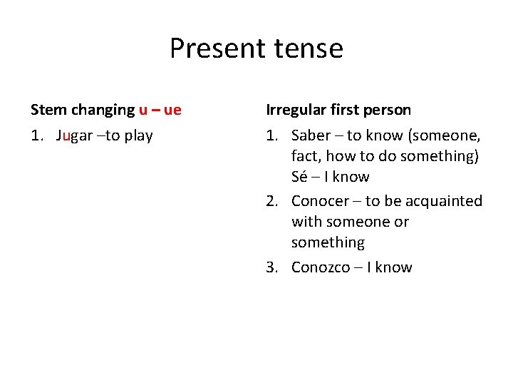 Present tense Stem changing u – ue Irregular first person 1. Jugar –to play