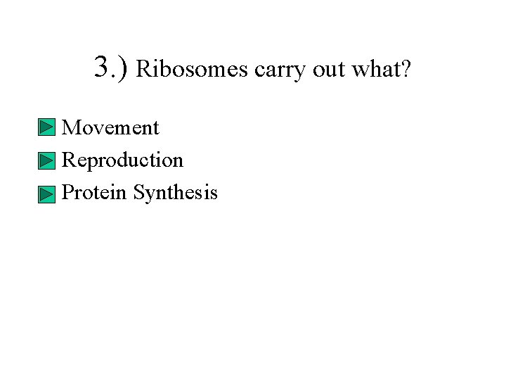 3. ) Ribosomes carry out what? • Movement • Reproduction • Protein Synthesis 3. ) Ribosomes carry out what? • Movement • Reproduction • Protein Synthesis