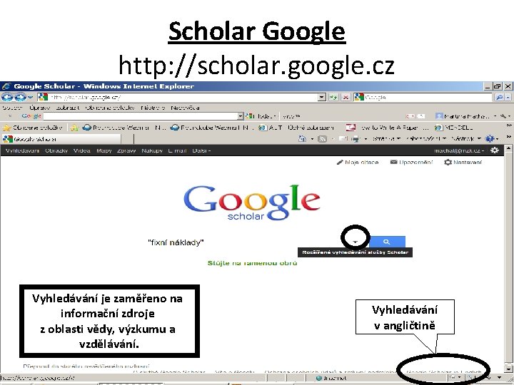 Scholar Google http: //scholar. google. cz Vyhledávání je zaměřeno na informační zdroje z oblasti