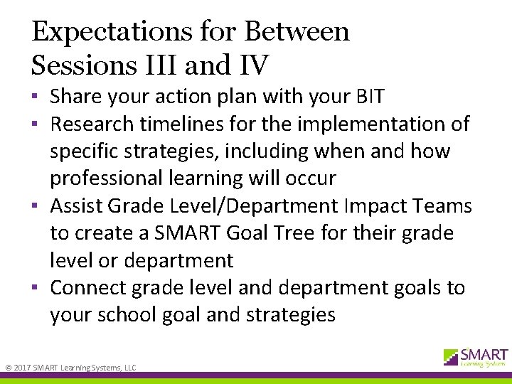 Expectations for Between Sessions III and IV ▪ Share your action plan with your
