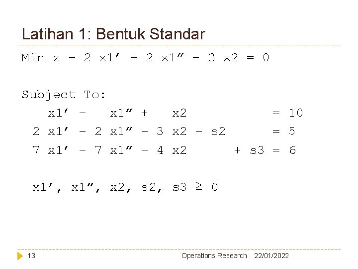 Latihan 1: Bentuk Standar Min z – 2 x 1’ + 2 x 1” Latihan 1: Bentuk Standar Min z – 2 x 1’ + 2 x 1”