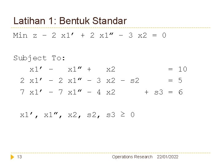 Latihan 1: Bentuk Standar Min z – 2 x 1’ + 2 x 1”