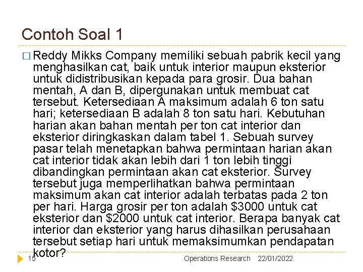 Contoh Soal 1 � Reddy Mikks Company memiliki sebuah pabrik kecil yang menghasilkan cat, Contoh Soal 1 � Reddy Mikks Company memiliki sebuah pabrik kecil yang menghasilkan cat,