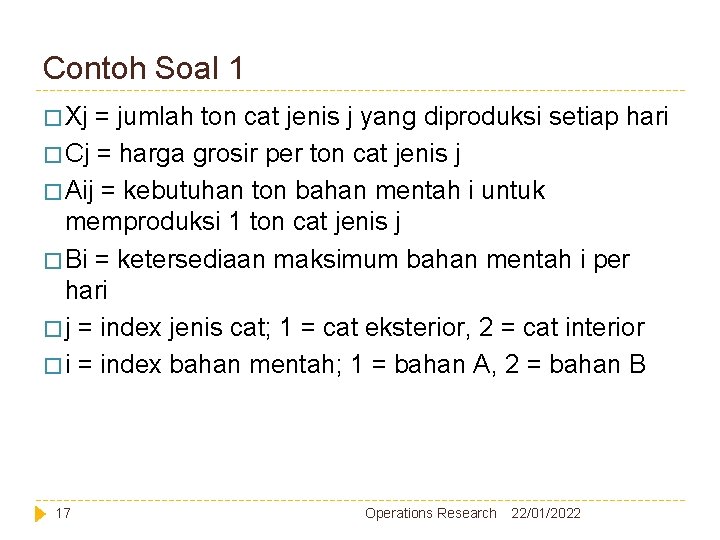 Contoh Soal 1 � Xj = jumlah ton cat jenis j yang diproduksi setiap