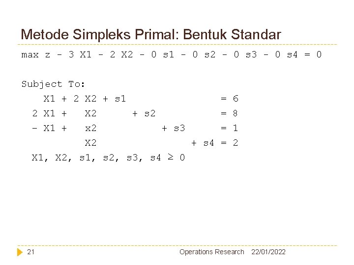 Metode Simpleks Primal: Bentuk Standar max z - 3 X 1 - 2 X