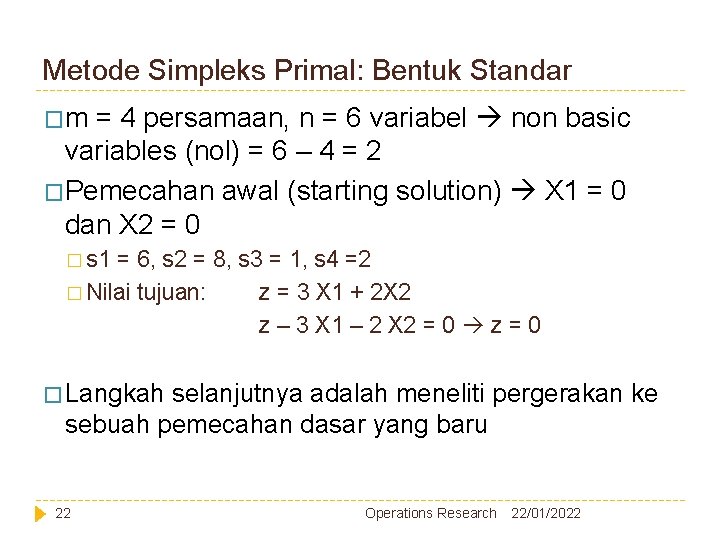 Metode Simpleks Primal: Bentuk Standar �m = 4 persamaan, n = 6 variabel non Metode Simpleks Primal: Bentuk Standar �m = 4 persamaan, n = 6 variabel non