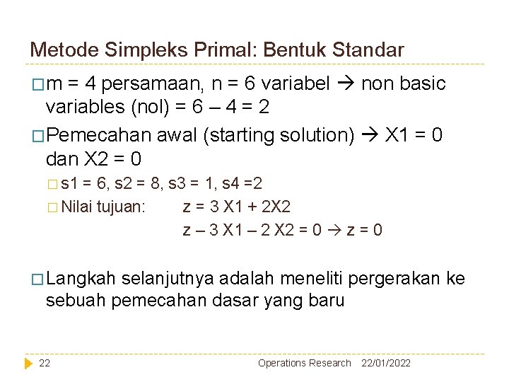 Metode Simpleks Primal: Bentuk Standar �m = 4 persamaan, n = 6 variabel non